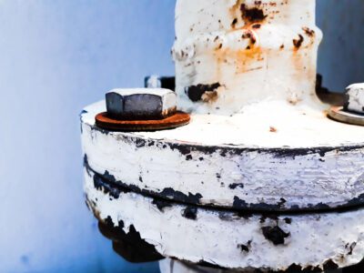 joint of two flanges by bolts and nuts, Bolts base Blurred soft focus, Fastening base column, Old rusty steel nut